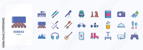 A collection sheet of linear color icons for Hobbies and free time, including icons like Music, Art, Gams, Cinema and more
