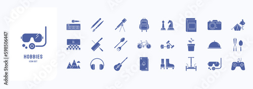 A collection sheet of solid icons for Hobbies and free time, including icons like Music, Art, Gams, Cinema and more