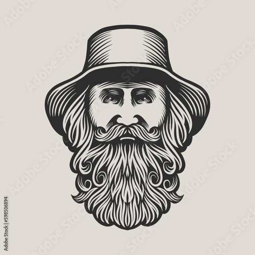Vintage logo with bold man wearing hat. Elegant gentleman logo in vintage etching style.