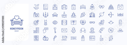 A collection sheet of outline icons for Honeymoon and romance, including icons like Airplane, Photo album, Bag, Cake and more