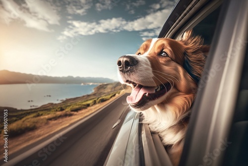 A Joyful Canine Enjoying Summer Vacation Travel on Car Window. Generative AI