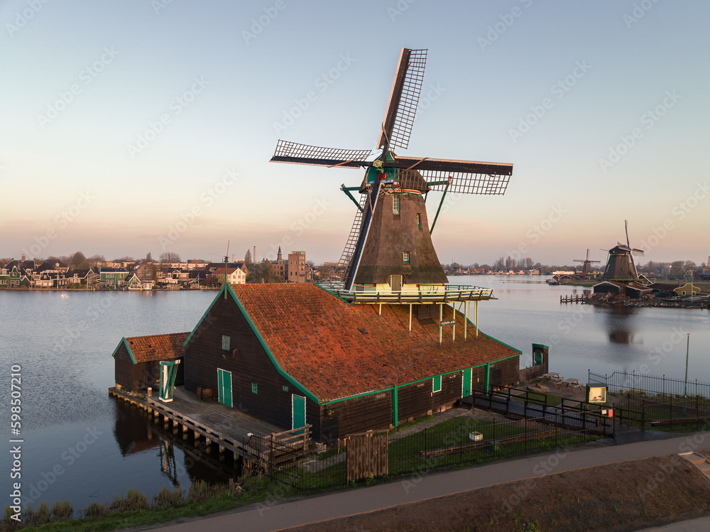 Rural landscape with windmill in Zaanse Schans. Holland, Netherlands.