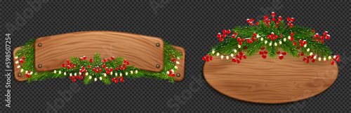 Christmas wood sign board with fir and red berries. Realistic winter wooden nail signboard frame with evergreen xmas theme design. Isolated 3d title label illustration with pine decoration and garland