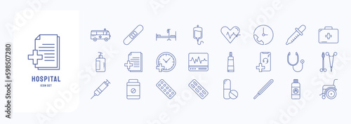 A collection sheet of outline icons for Hospital and medical, including icons like Ambulance, Bed, Blood, First aid kit and more