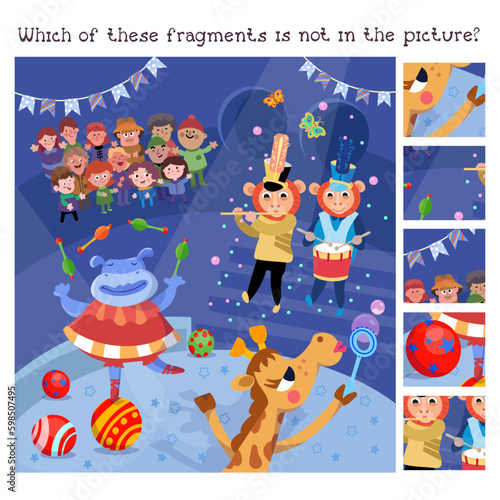 Find the hidden fragments. Game for kids. Cute funny performers at circus. Funny show with musicians and people. Cartoon characters. Vector illustration. 