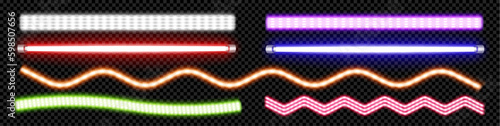 Led neon tube lamp vector glow line party wave stripe in blue, pink, green and orange. Isolated 3d realistic bulb string for wall decoration on Christmas collection. Bright ultraviolet electric pack
