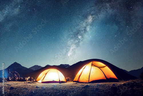 Camping in the mountains in a tent under the glowing stars and the Milky Way, generative ai
