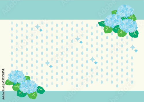 水色のアジサイと雨がかわいい背景用ベクターイラスト