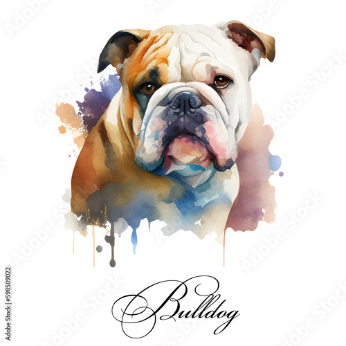 Watercolor illustration of a single dog breed bulldog. Guide dog, a disability assistance dog. Watercolor animal collection of dogs. Dog portrait. Illustration of Pet.