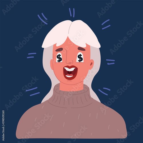 Cartoon vector illustration of Greedy woman with dollar signs in her eyes. Person is obsessed with money and finance. Wealthy character, dollars in eyes.