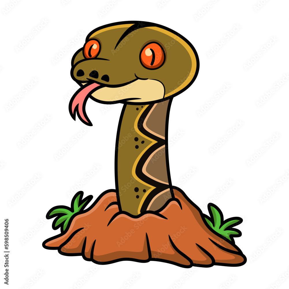 Fototapeta premium Cute reticulatus python cartoon out from hole