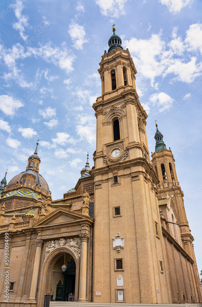 Christian Cathedral of the Basilica del Pilar with its high Mudejar style towers, Zaragoza, Spain.