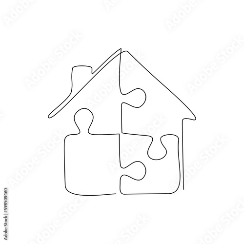 Continuous line drawing of House puzzle isolate on white background.