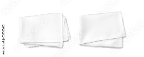 3d white mockup of kitchen towel vector design. Realistic fabric clean and folded handkerchief for restaurant or hotel isolated on background. Dry absorbent cloth cover cotton or linen set