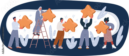 Cartoon vector illustration of Five stars rating. People are holding stars over the heads. Feedback consumer.