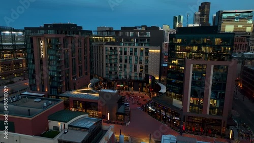 McGregor Square entertainment complex in lower downtown Denver. Skyline aerial photo