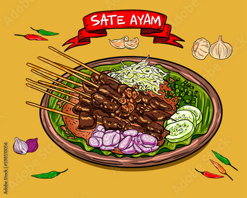 Chicken food, sate ayam, asian culinary, shop logo, icon, meal, peanuts spice