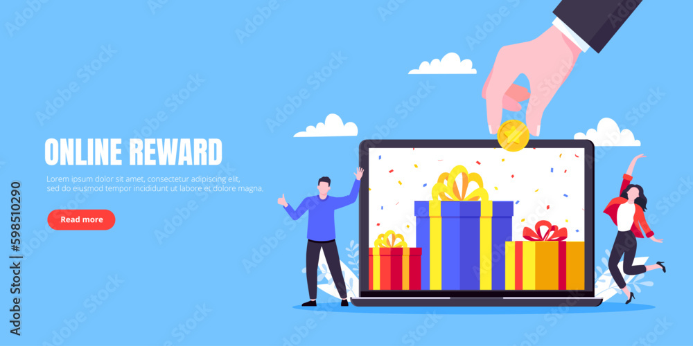 Fototapeta premium Get online reward and gifts, earn loyalty program points. Get loyalty card and customer service business concept flat design vector illustration. Tiny people with big gift boxes.