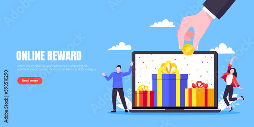 Get online reward and gifts, earn loyalty program points. Get loyalty card and customer service business concept flat design vector illustration. Tiny people with big gift boxes.