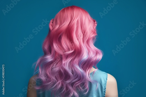 Girl with wavy pink-blue hair rear view close-up, created with Generative AI technology.