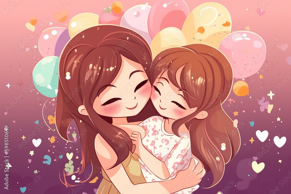 A heartwarming chibi-style cartoon vector illustration for Mother's Day showcasing a loving mother and her daughter hugging each other tightly, mother's day, Generative AI A heartwarming chibi-style cartoon vector illustration for Mother's Day showcasing a loving mother and her daughter hugging each other tightly, mother's day, Generative AI