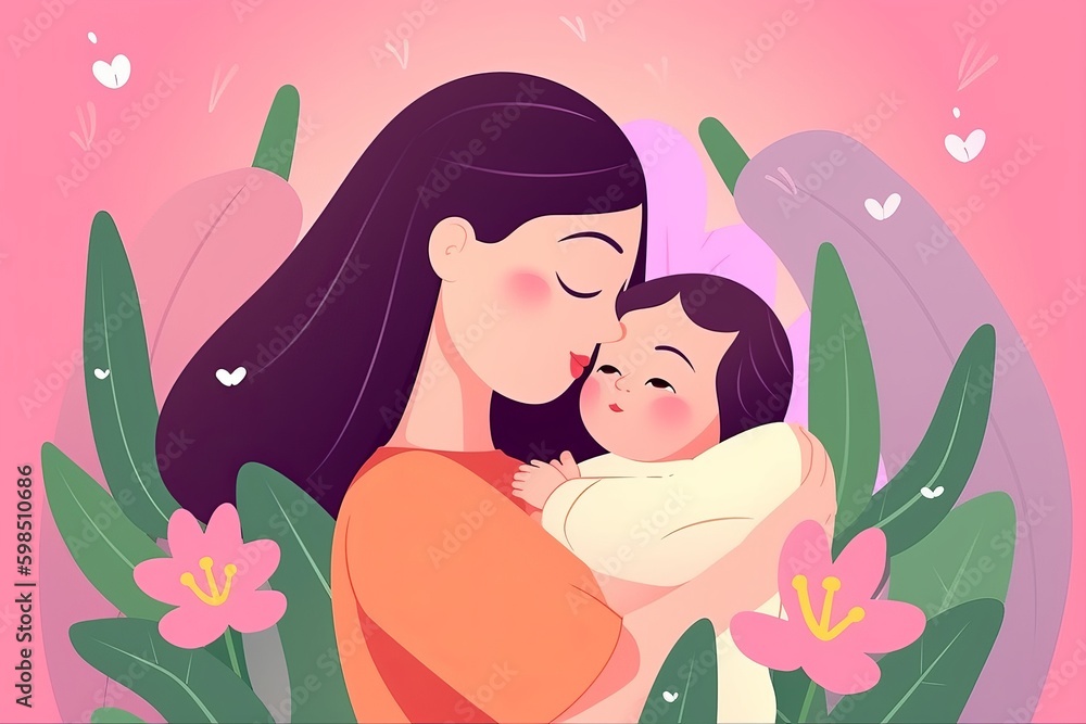 happy mothers day vector, beautiful mother and daughter character hand drawn chibi cartoon art illustration, parent and child with pink background, parent and child, mother and baby, Generative AI happy mothers day vector, beautiful mother and daughter character hand drawn chibi cartoon art illustration, parent and child with pink background, parent and child, mother and baby, Generative AI