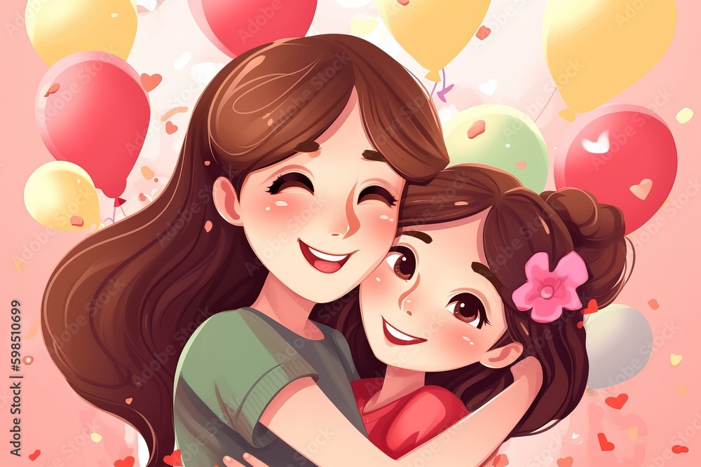 A heartwarming chibi-style cartoon vector illustration for Mother's Day showcasing a loving mother and her daughter hugging each other tightly, mother's day, Generative AI