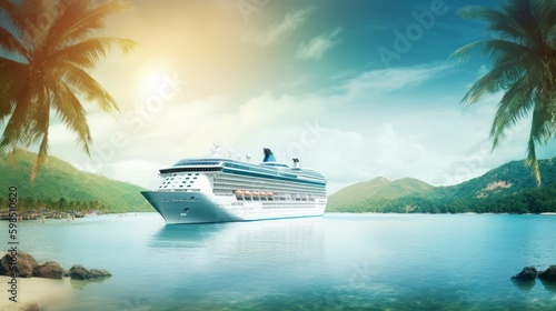 luxury passenger ship docking on tropical beach with palm trees and turquoise water, generative ai