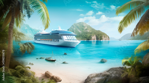 luxury passenger ship docking on tropical beach with palm trees and turquoise water, generative ai