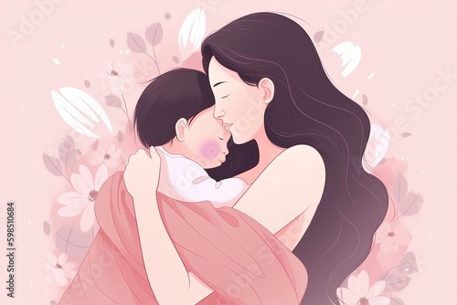 happy mothers day vector, beautiful mother and daughter character hand drawn chibi cartoon art illustration, parent and child with pink background, parent and child, mother and baby, Generative AI