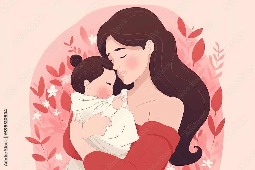 happy mothers day vector, beautiful mother and daughter character hand drawn chibi cartoon art illustration, parent and child with pink background, Generative AI