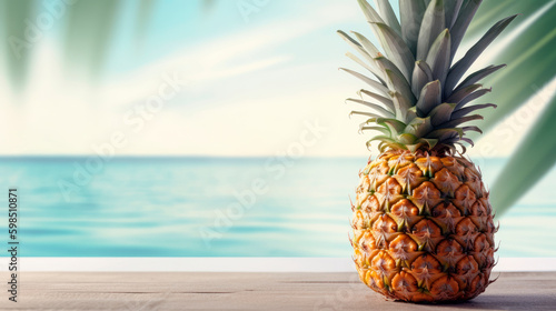 tropical natural pineapple with paradise beach background with palm trees and turquoise water, generative ai