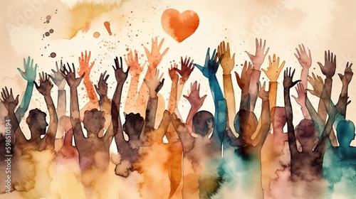 Foto Group of diverse people with arms and hands raised towards hand painted hearts