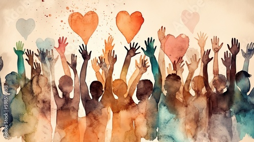 Group of diverse people with arms and hands raised towards hand painted hearts. Charity donation, volunteer work, support, assistance. Multicultural community. People diversity. Generative AI