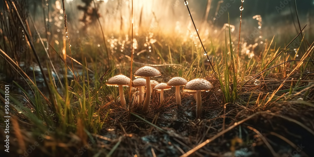 edible armillaria mushrooms in forest on sunny summer day. Generative AI illustration edible armillaria mushrooms in forest on sunny summer day. Generative AI illustration