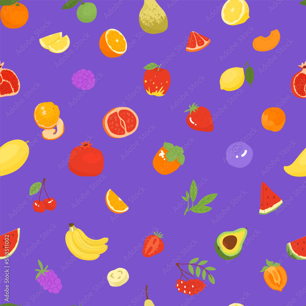 Seamless pattern with fruits. Farm products, organic farming. Different types of fruits. Melon, watermelon, berries, citrus. Vector illustration for farmers and food markets. Seamless pattern with fruits. Farm products, organic farming. Different types of fruits. Melon, watermelon, berries, citrus. Vector illustration for farmers and food markets.