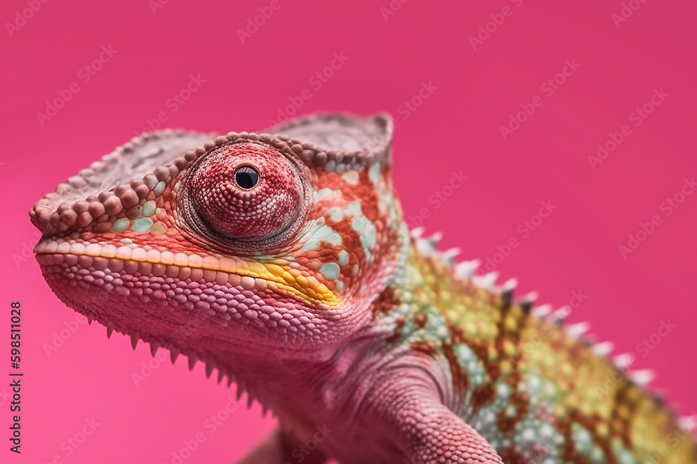 Fototapeta premium Chameleon on a pink background close-up, created with Generative AI technology.