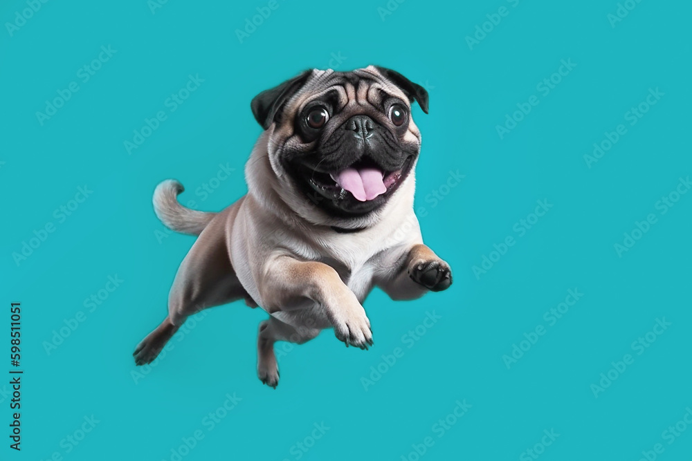 Portrait of dog pug levitates in the air on blue background close-up, created with Generative AI technology.