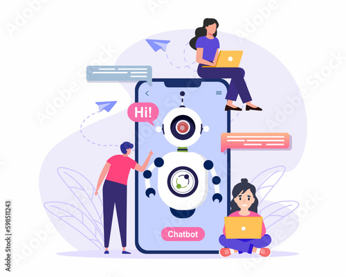 People talking with chat bot, AI robot assistant, artificial intelligence concept of online customer support.
