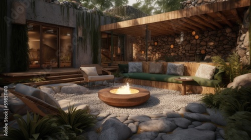 Flames Enclosure in Rear Garden, Nature-Inspired Components, Jade and Umber Hues, Lodgecore Ambiance, Ecological Contemporary Style. © John