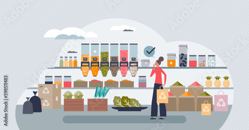 Zero waste grocery store with ecological packaging tiny person concept. Organic vegetables and healthy products without plastic wrapping vector illustration. Reusable materials for green Generative AI