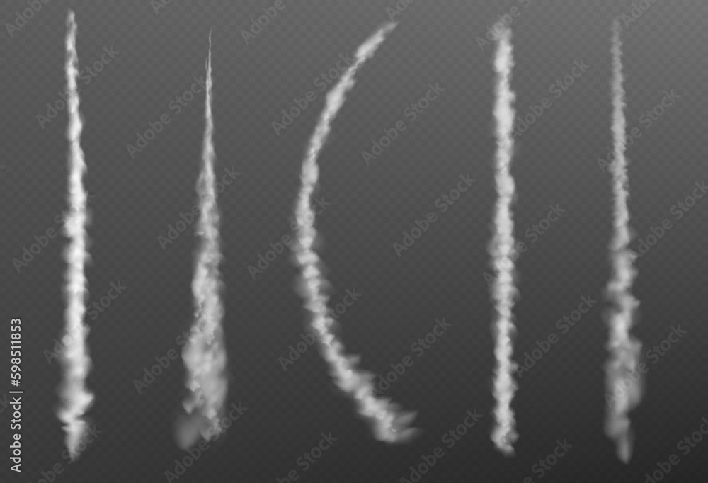 Plain smoke trail effect. Jet vector white contrail line on transparent background. 3d airplane flight speed vapor steam. Realistic aircraft tail flow motion texture. Gas burst curve path trace - obrazy, fototapety, plakaty 