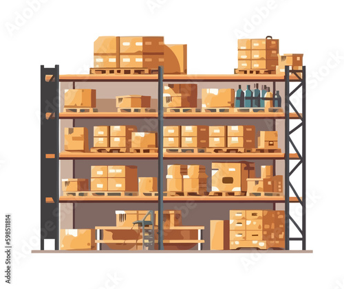 Stacked cardboard boxes on warehouse shelf vector Generative AI