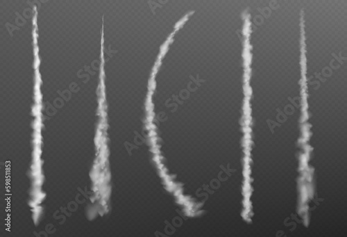 Plain smoke trail effect. Jet vector white contrail line on transparent background. 3d airplane flight speed vapor steam. Realistic aircraft tail flow motion texture. Gas burst curve path trace