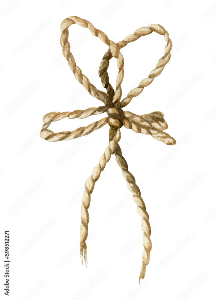 Watercolor rope twine tied bow knot. Hand drawn jute cord illustration isolated on white background. Elegant brown string clipart Watercolor rope twine tied bow knot. Hand drawn jute cord illustration isolated on white background. Elegant brown string clipart