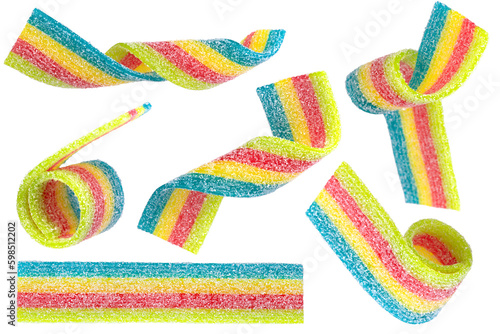 Set of colored jelly candy strips in sugar sprinkles isolated on transparent background. photo