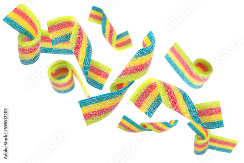 Levitation of colored jelly candy strips in sugar sprinkles isolated on transparent background.