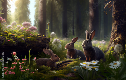 Scene of Bunnies and Rabbits Cavorting in the Beautiful Nature Landscape, Embodying the Joyful Grass Spirit of the Forest Playground - AI Generated © Musashi_Collection