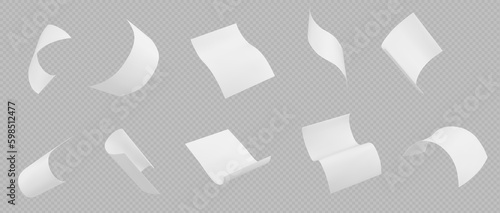 3d isolated fly white paper sheet. Fall document page on transparent background in vector. Realistic office paperwork piece set falling down. Bent and curl A4 scatter away on wind mockup clipart