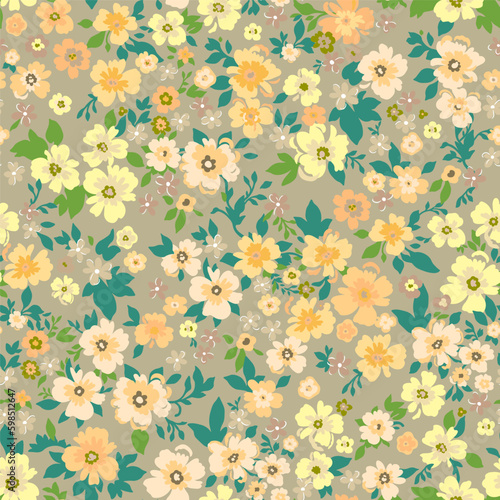 Seamless vintage pattern. Beige background. Large yellow and orange flowers. Vector texture. Fashionable print for textiles and wallpaper.